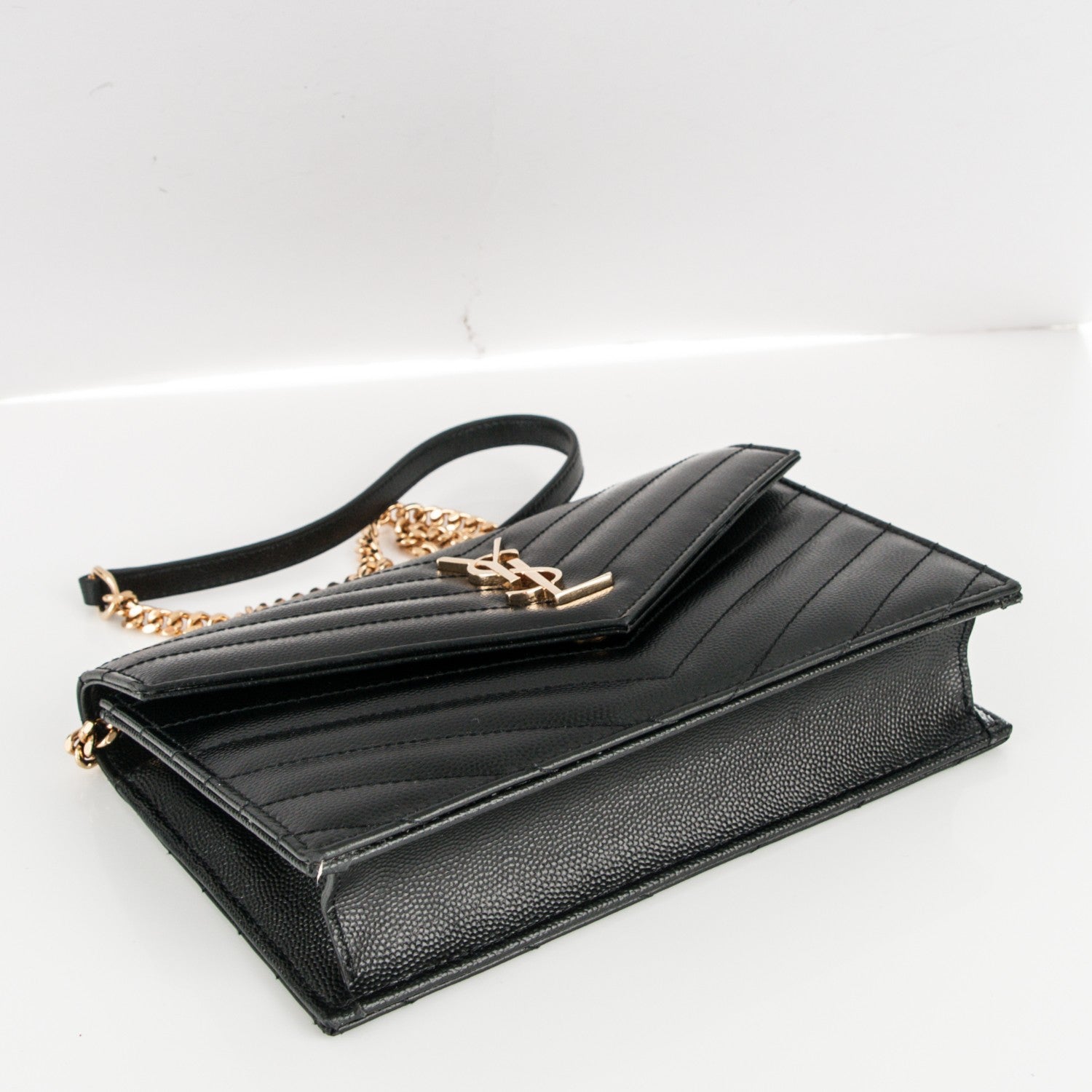 Saint Laurent Grain De Poudre Matelasse Chevron Monogram Envelope Chain Wallet Black 4 of 6