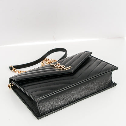 Saint Laurent Grain De Poudre Matelasse Chevron Monogram Envelope Chain Wallet Black 4 of 6
