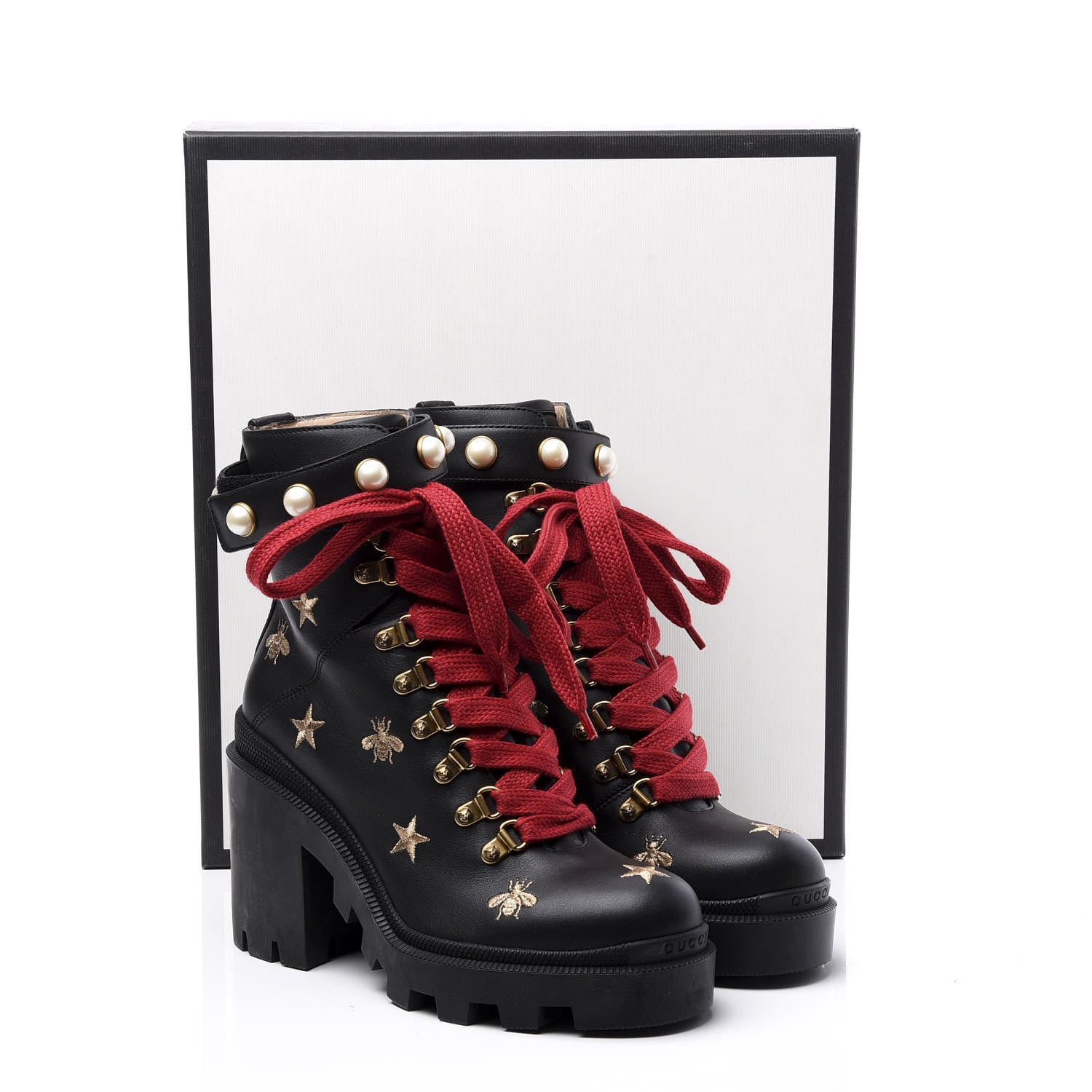 Gucci Calfskin Bee Star Embroidered Lace Up Combat Ankle Boots 37 Black 11 of 11