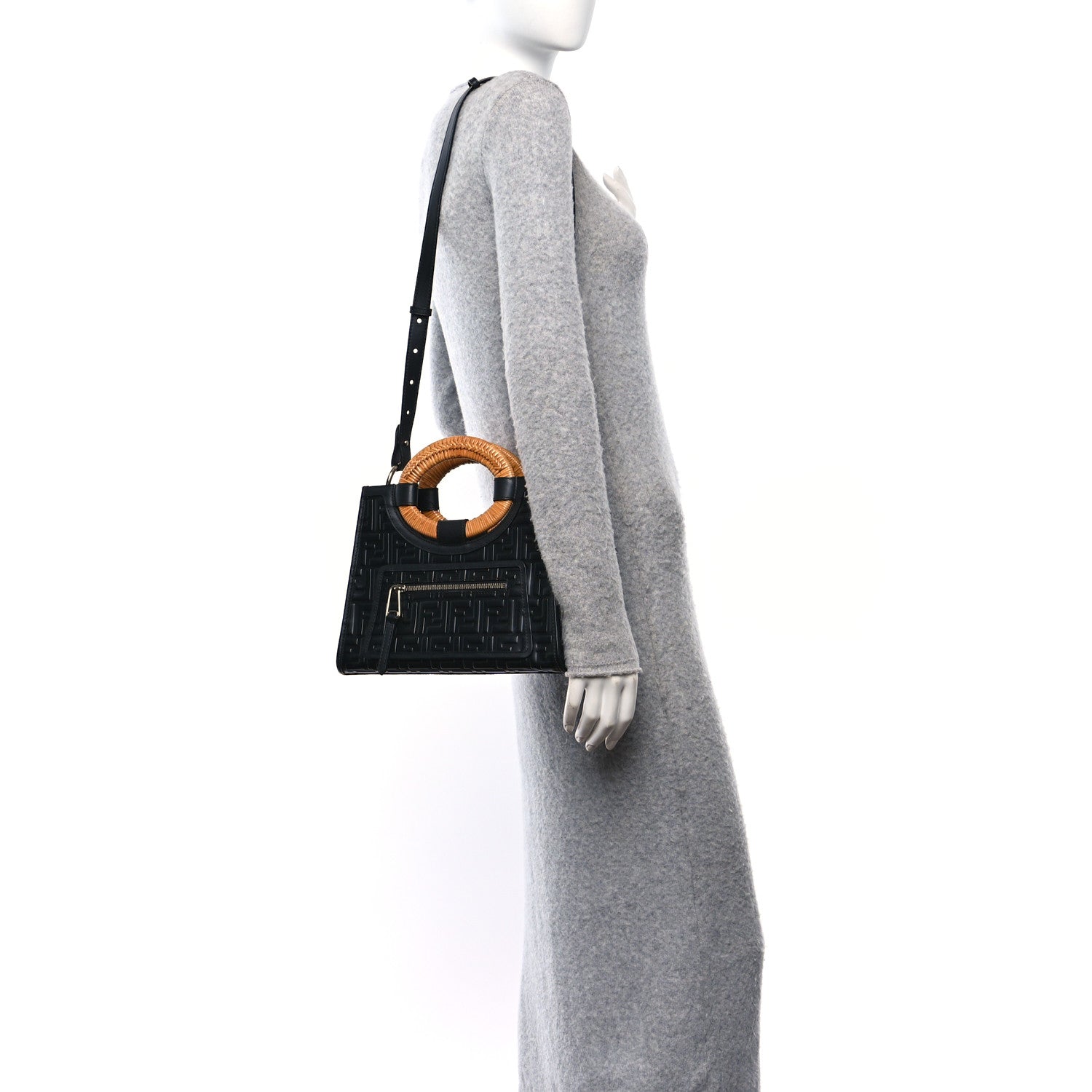 Fendi Vitello Century Wicker FF 1974 Embossed Small Runaway Shopper Tote Black 2 of 10