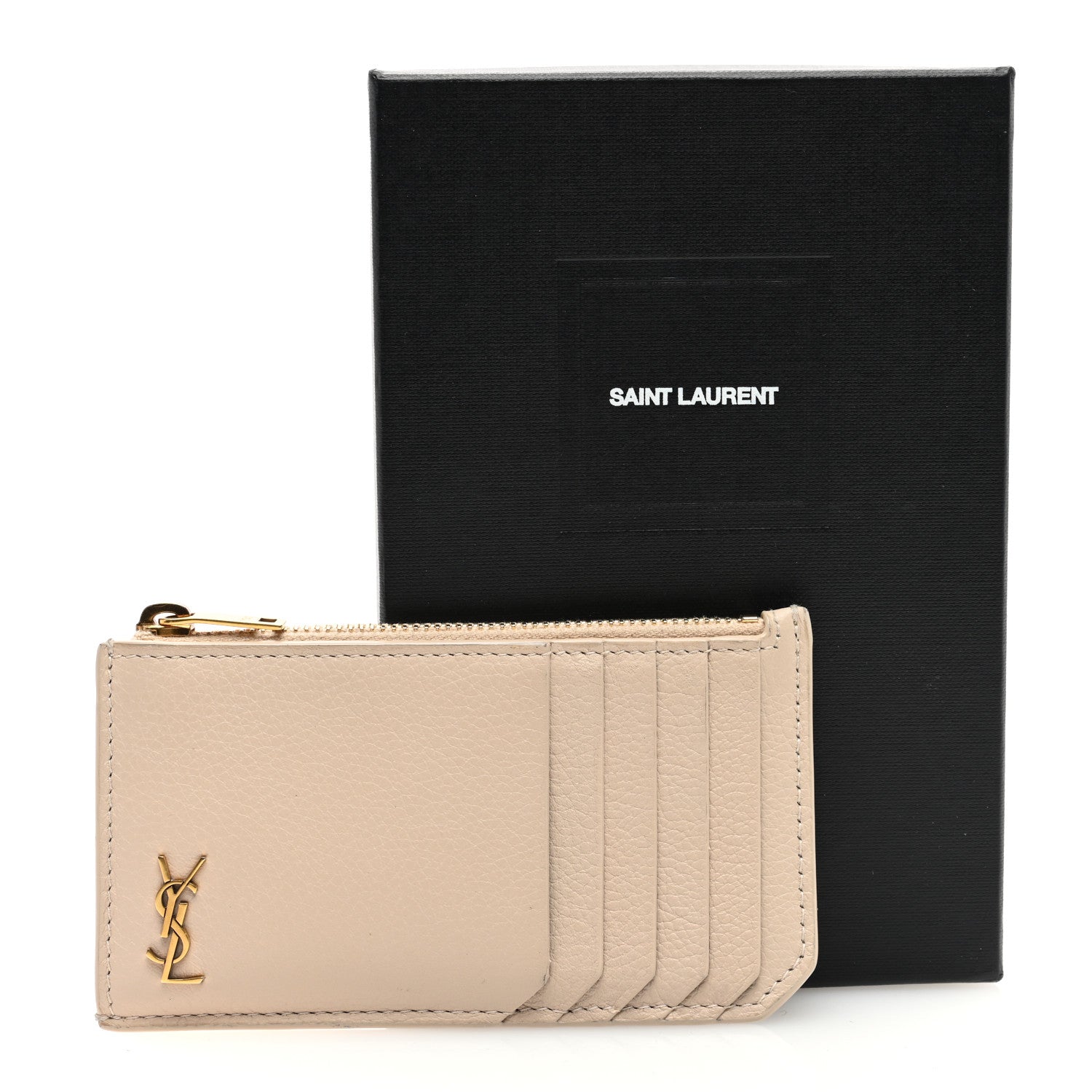 Saint Laurent Grained Calfskin Monogram 5 Fragments Zip Pouch Card Holder Beige 7 of 7