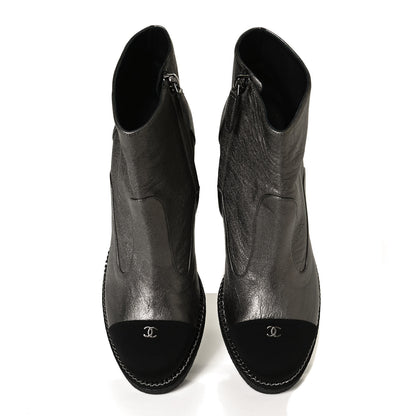 Chanel Metallic Lambskin Grosgrain Cap Toe Wedge Boots 37 Silver Black 5 of 9