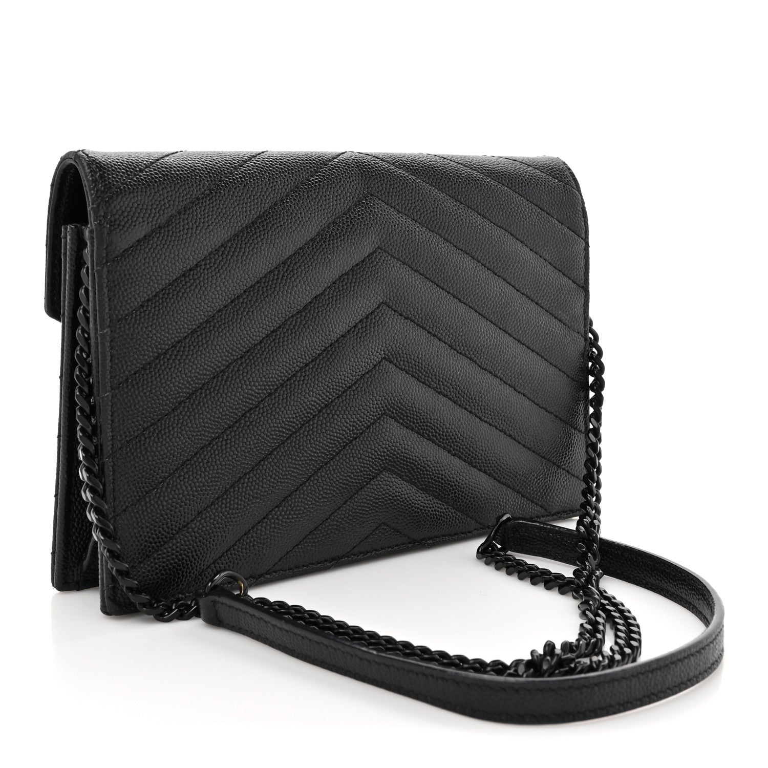Saint Laurent Grain De Poudre Matelasse Chevron Monogram Monochrome Envelope Chain Wallet Black 3 of 20