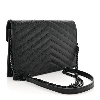 Saint Laurent Grain De Poudre Matelasse Chevron Monogram Monochrome Envelope Chain Wallet Black 3 of 20