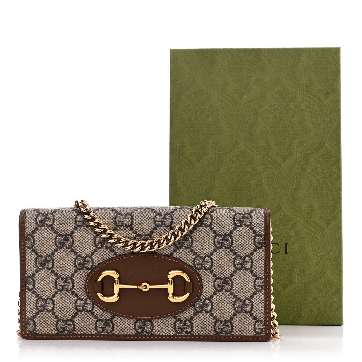GG Supreme Monogram Azalea Calfskin Horsebit 1955 Wallet On Chain Beige Ebony Brown Sugar