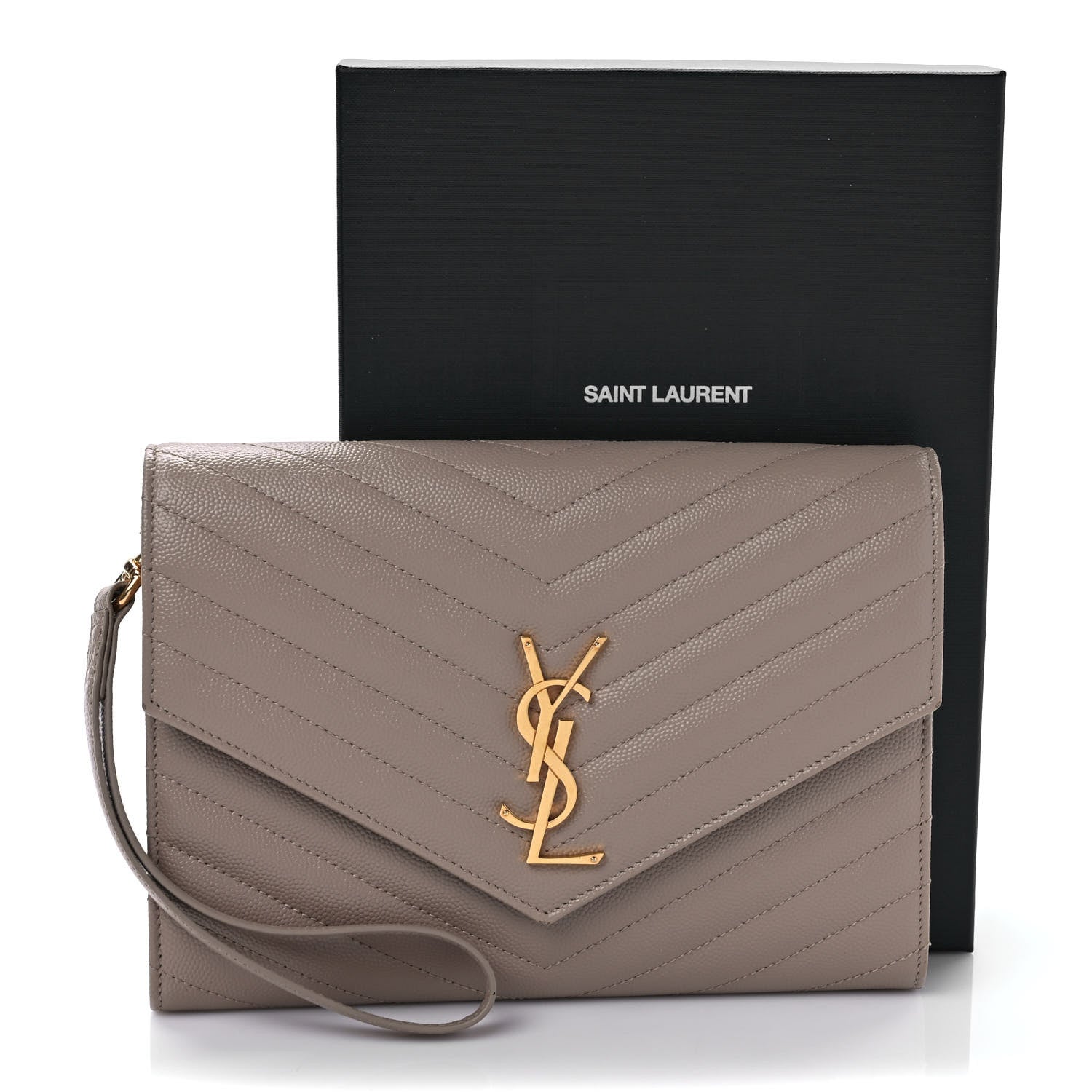 Saint Laurent Grain De Poudre Matelasse Chevron Monogram Envelope Clutch Dark Beige 7 of 7