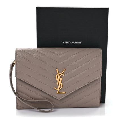 Saint Laurent Grain De Poudre Matelasse Chevron Monogram Envelope Clutch Dark Beige 7 of 7