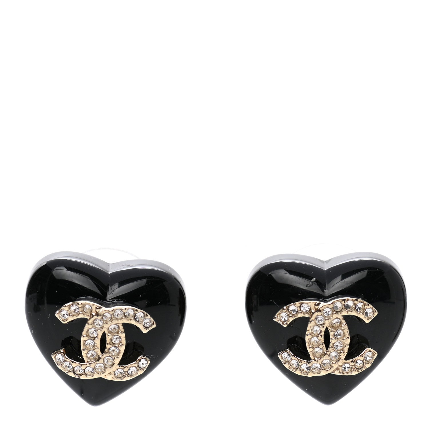 Chanel Resin Crystal CC Heart Earrings Black Gold 1 of 5