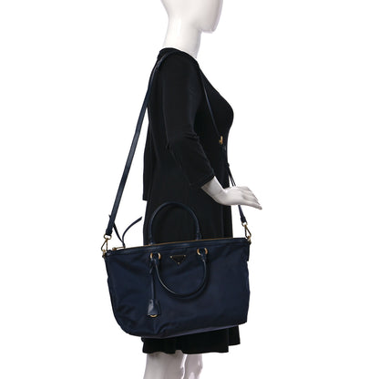 Prada Nylon Tessuto Soft Calf Tote Blue 2 of 10