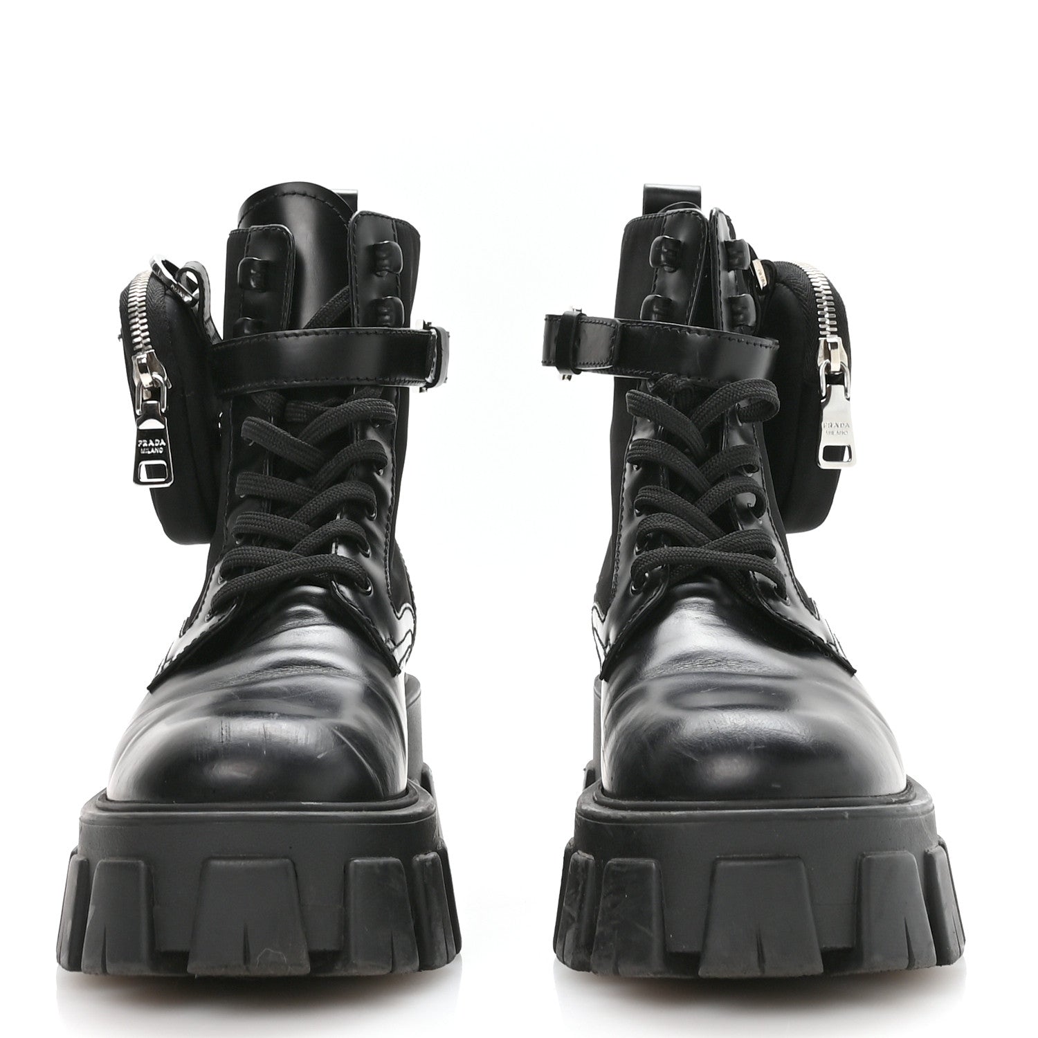 Prada Spazzolato Rois Nylon Metal Triangle Logo Monolith Pouch Pocket 55mm Boots 37 Black 5 of 16
