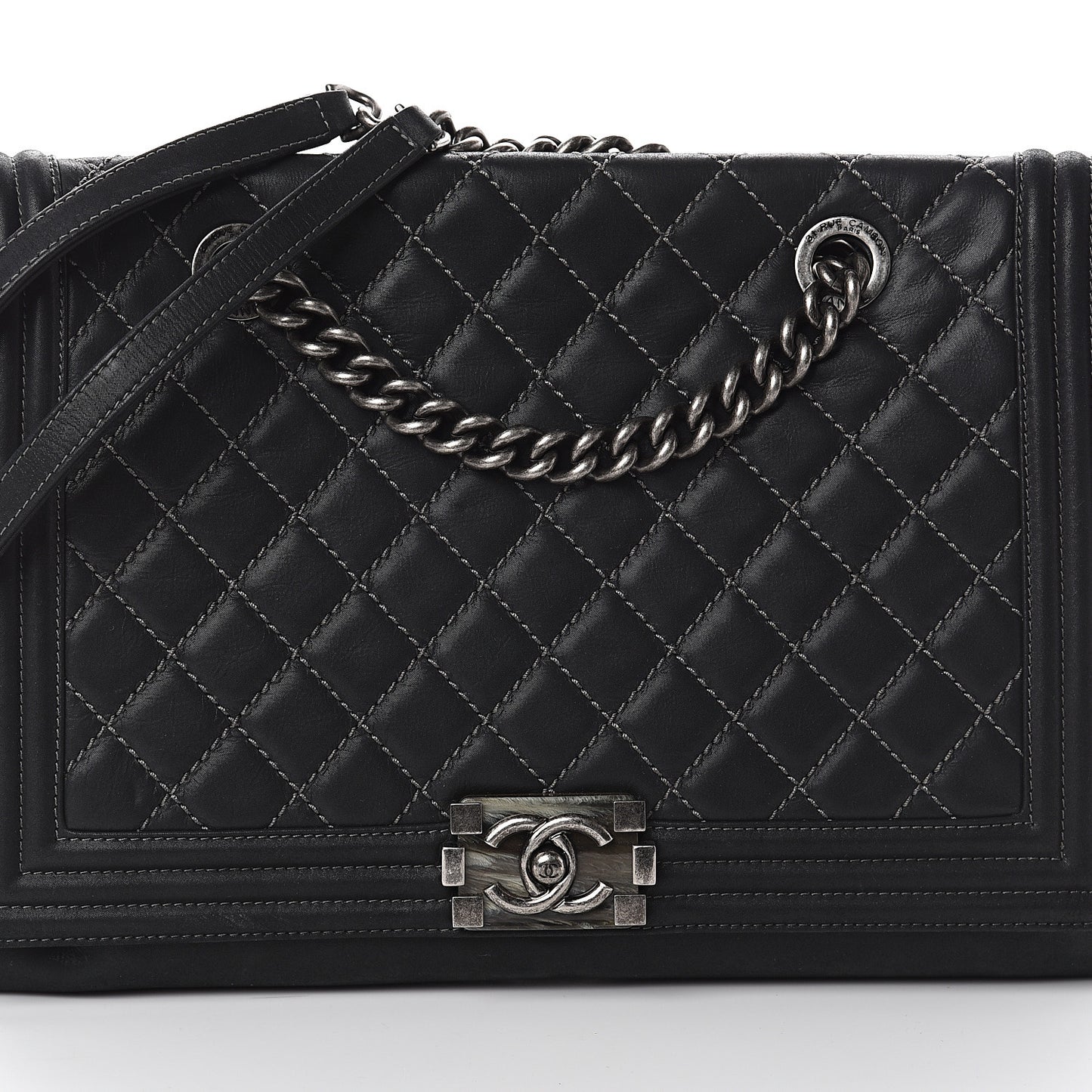 Calfskin Stitched Large Boy Shopping Tote Black