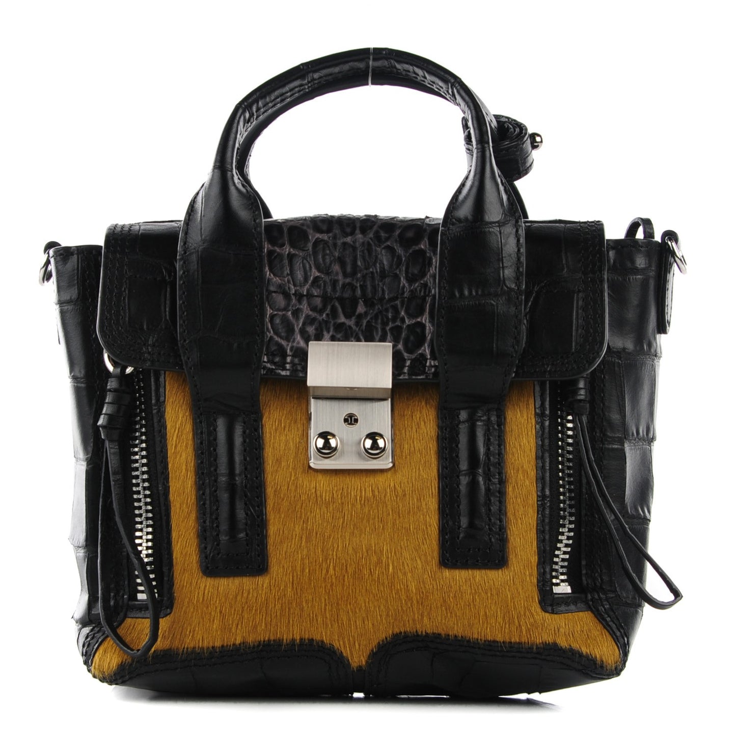 3.1 Calf Hair Calfskin Crocodile Embossed Mini Pashli Satchel Antique Grey Olive