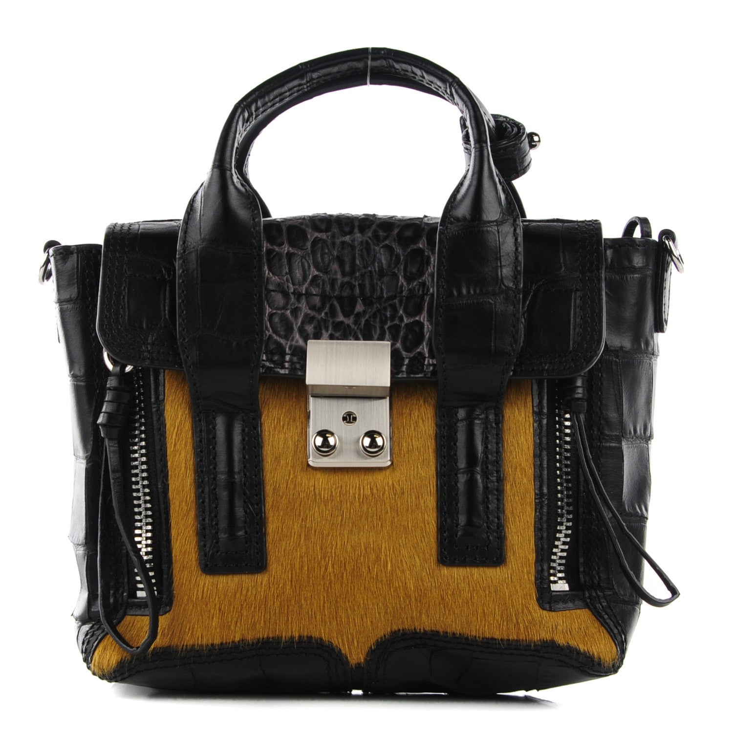 3.1 Phillip Lim 3.1 Calf Hair Calfskin Crocodile Embossed Mini Pashli Satchel Antique Grey Olive 1 of 12
