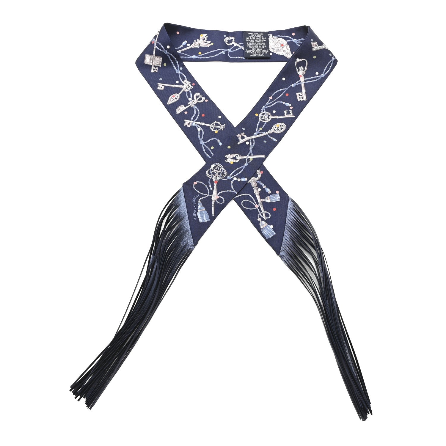 Hermes Silk Metallic Agneau Les Cles A Pois Fringed Twilly Bleu Marine Gris Argent Multicolor 1 of 3