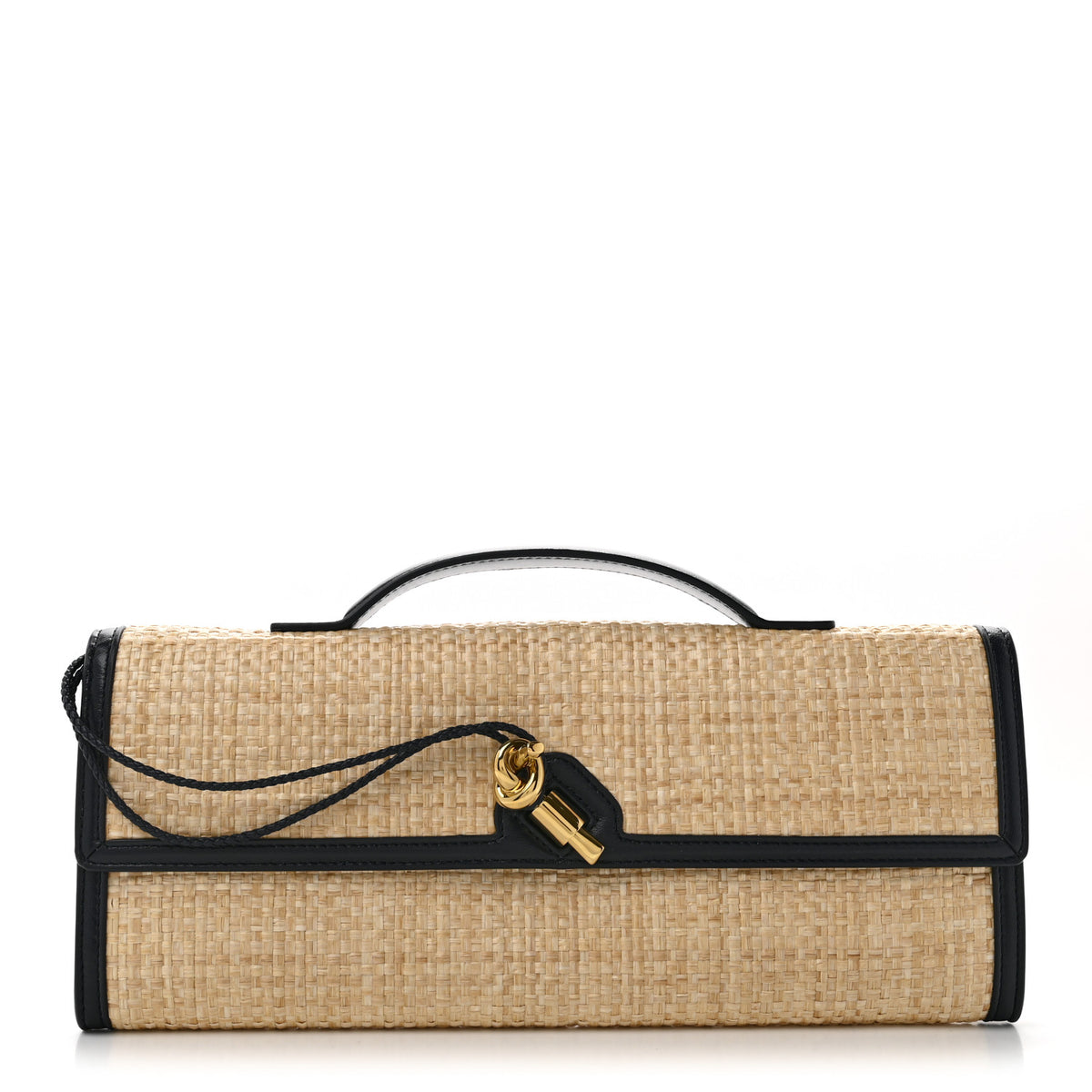 Bottega Veneta Raffia Intrecciato Long Andiamo Top Handle Clutch Natural Midnight 1 of 6