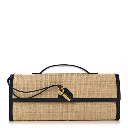 Bottega Veneta Raffia Intrecciato Long Andiamo Top Handle Clutch Natural Midnight 1 of 6