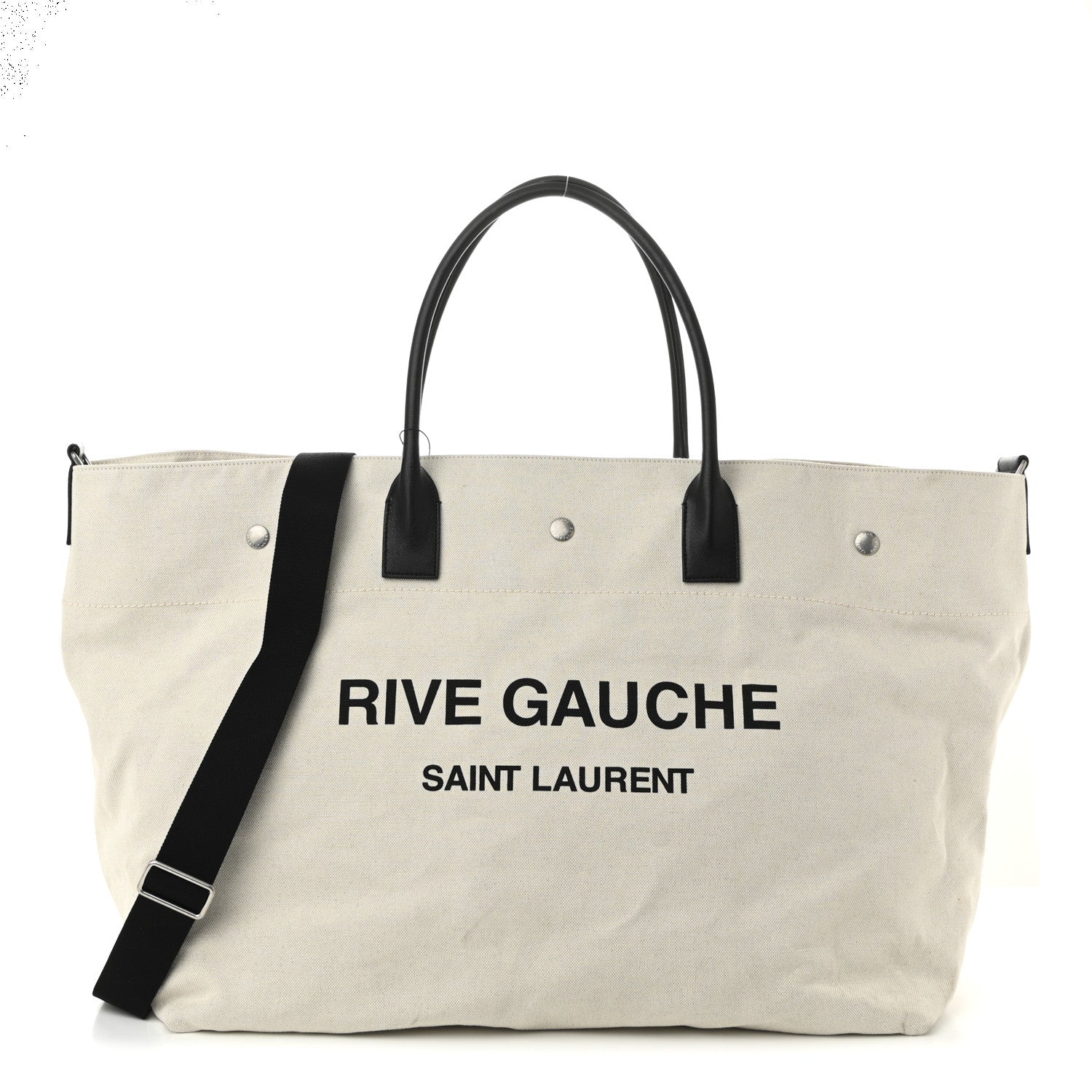 Saint Laurent Linen Calfskin Rive Gauche Maxi Tote  Grege et Noir 1 of 10