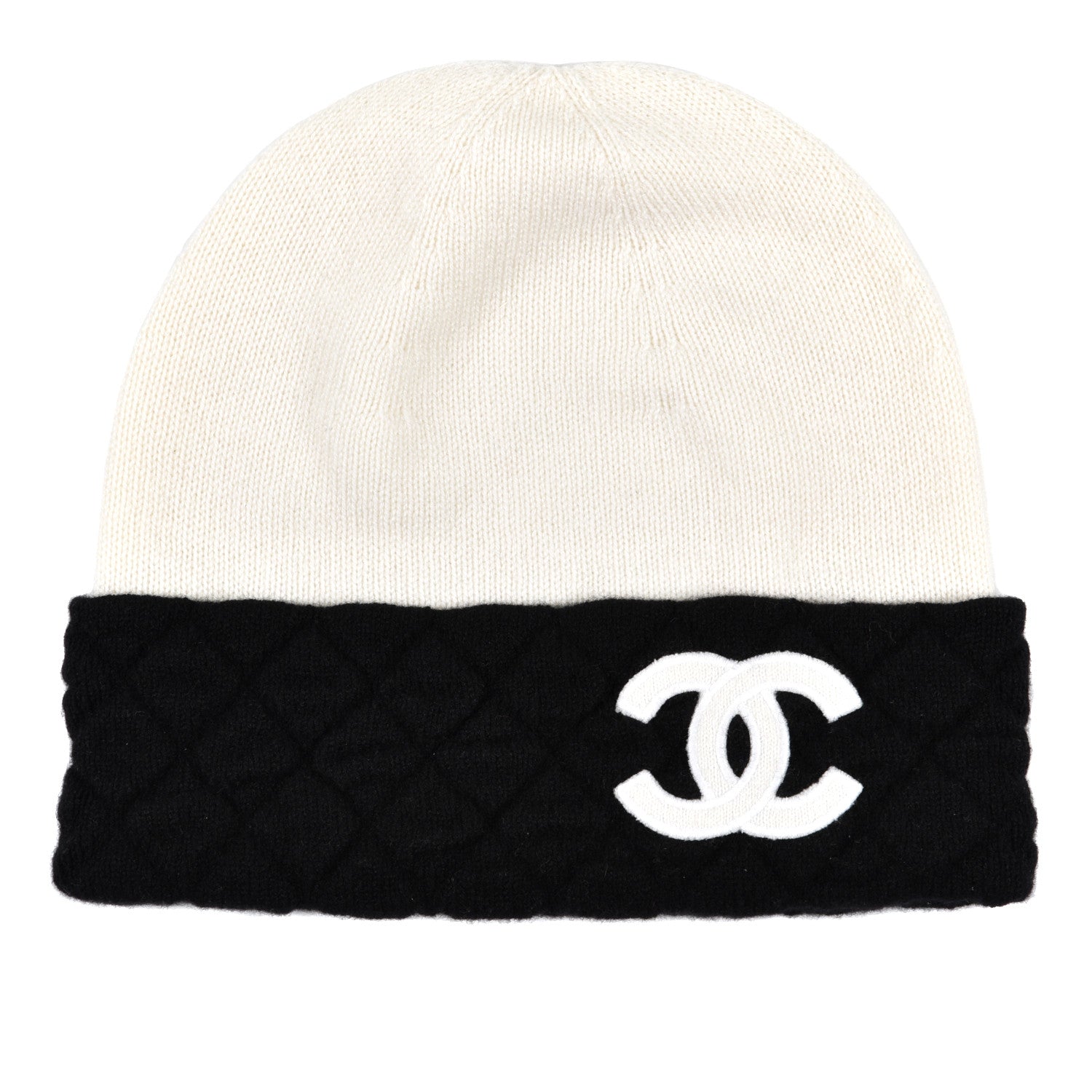 Chanel Cashmere Quilted CC Beanie Hat White Black 1 of 4