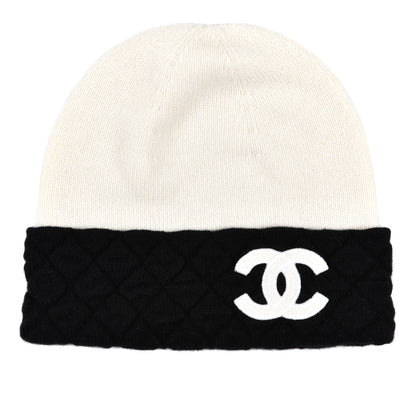 Chanel Cashmere Quilted CC Beanie Hat White Black 1 of 4