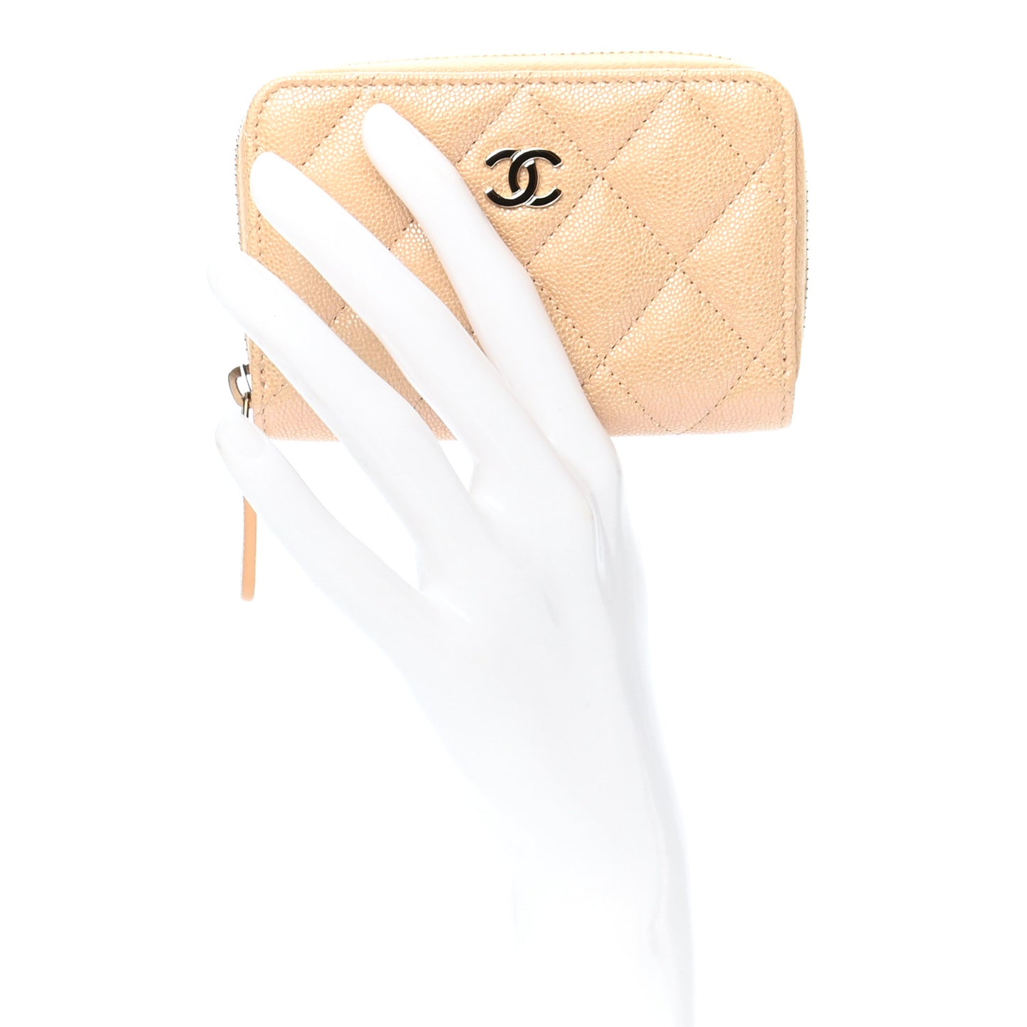 Iridescent Caviar Quilted Zip Around Coin Purse Beige