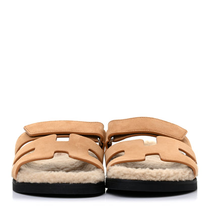 Hermes Suede Goatskin Woolskin Womens Chypre Sandals 37 Golden Beige 2 of 9