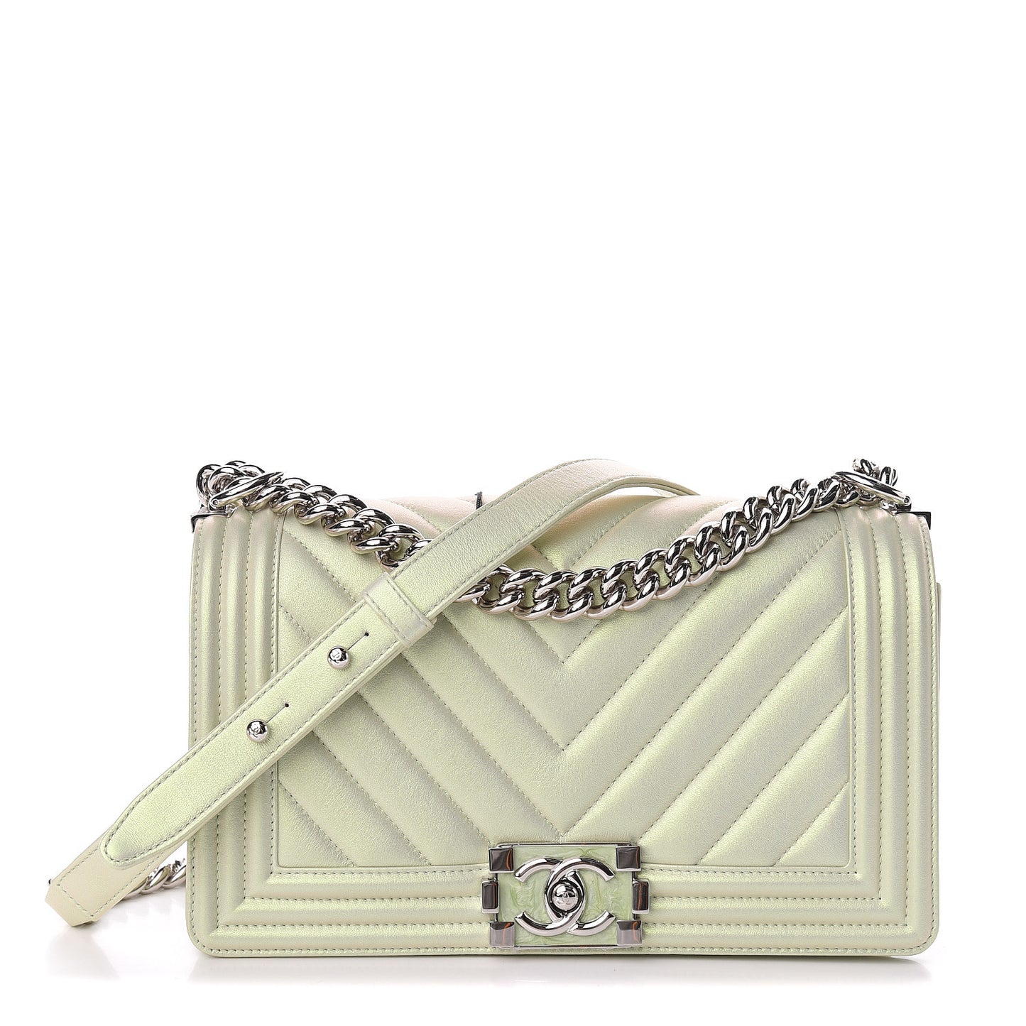 Iridescent Lambskin Chevron Quilted Medium Boy Flap Green