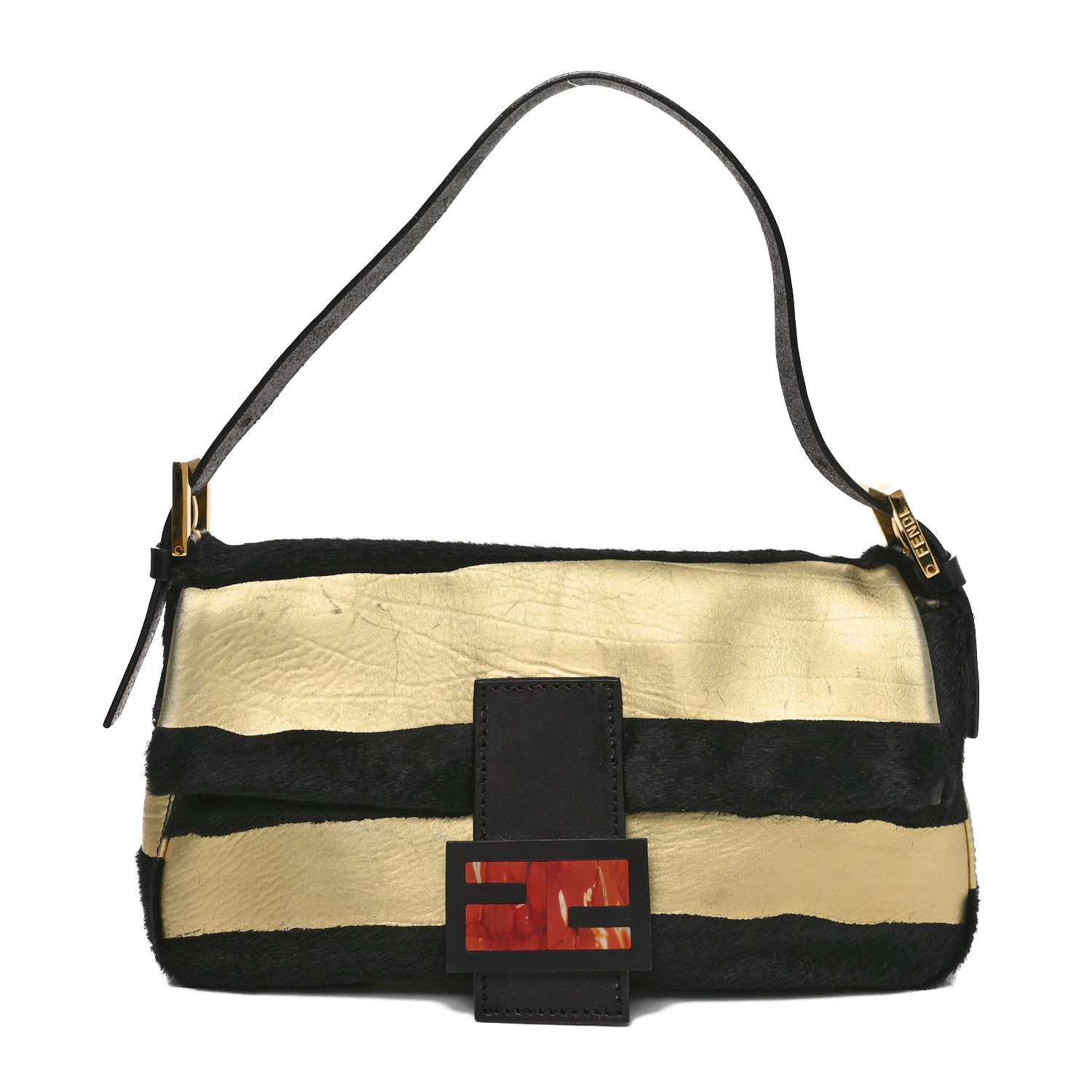 Fendi Metallic Calfskin Calf Hair Baguette Black Gold 1 of 9