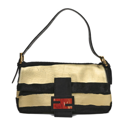 Fendi Metallic Calfskin Calf Hair Baguette Black Gold 1 of 9