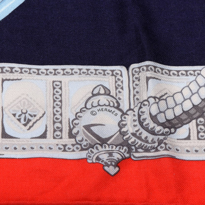 Hermes Cashmere Silk Ceintures Et Liens Shawl 140 Rouge Marine Bleu 4 of 4