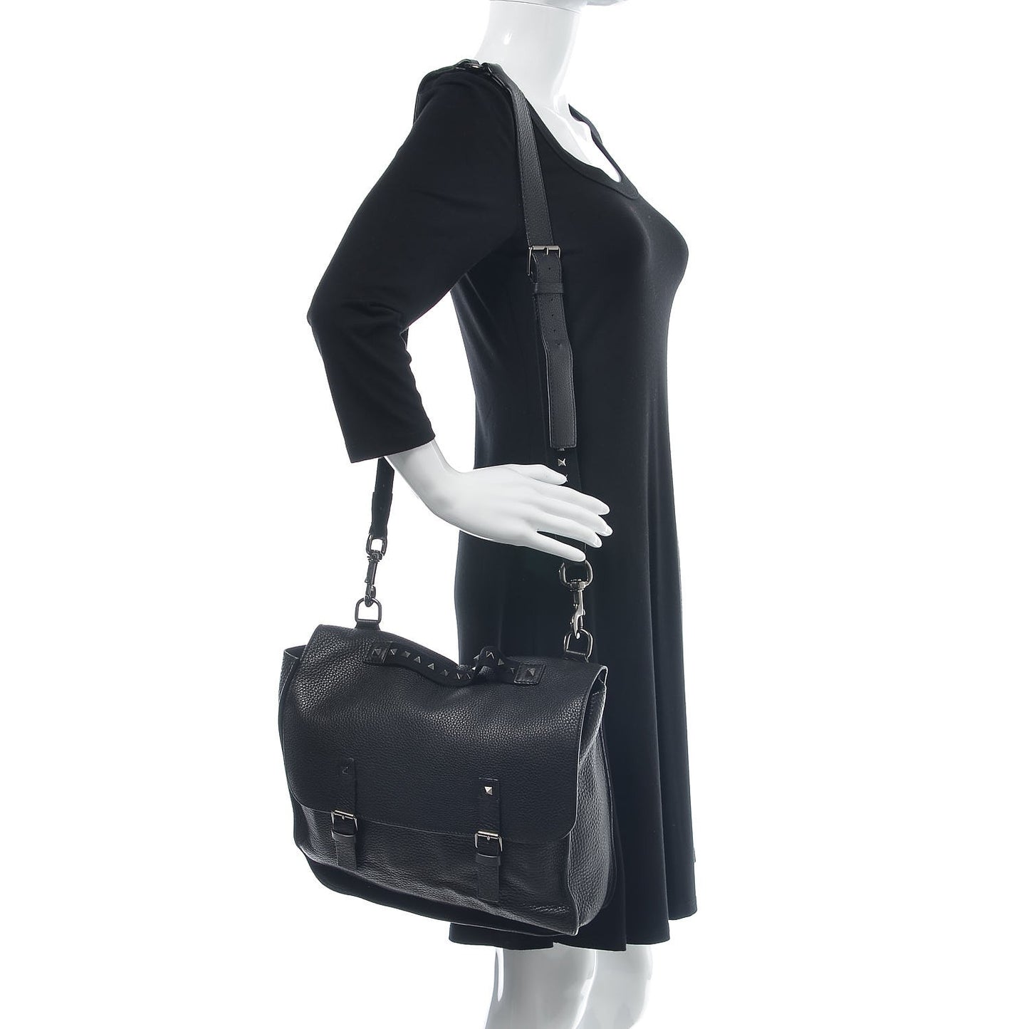 Pebbled Calfskin Rockstud Convertible Messenger Backpack Bag Black