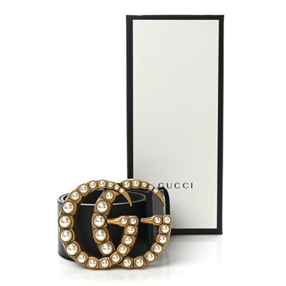 Gucci Moon Calfskin Pearl Double G 70mm Belt 80 32 Black Cream 3 of 5