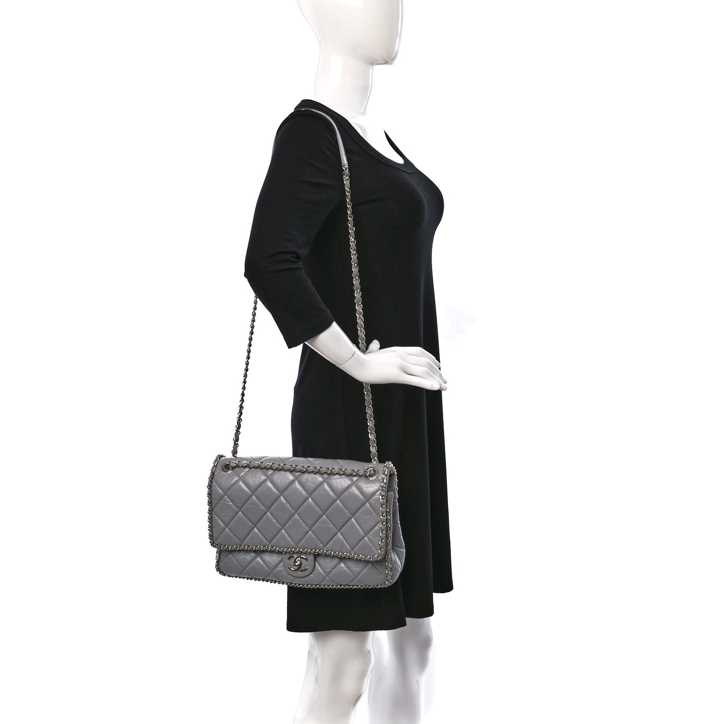 Crumpled Calfskin Large Chain All Over Flap Grey