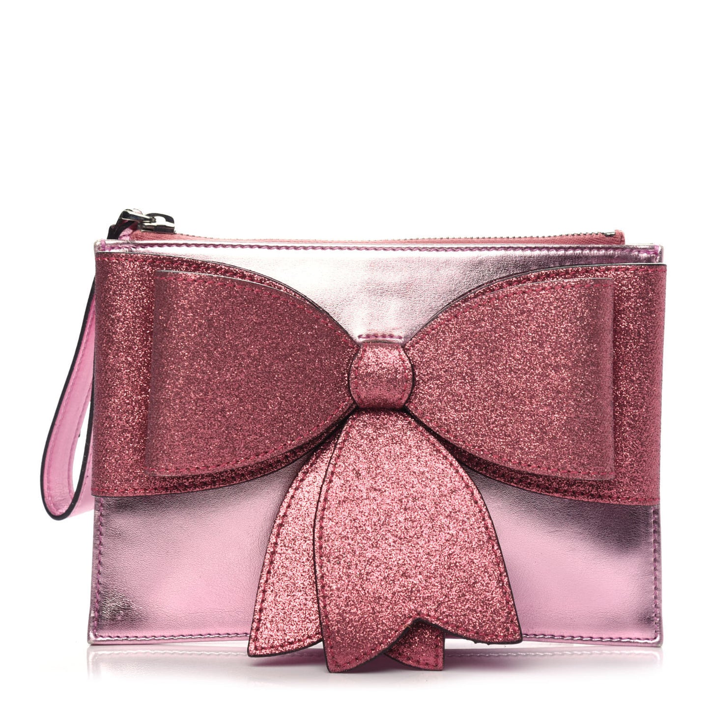 Calfskin Glitter Bow Wristlet Pink Rose