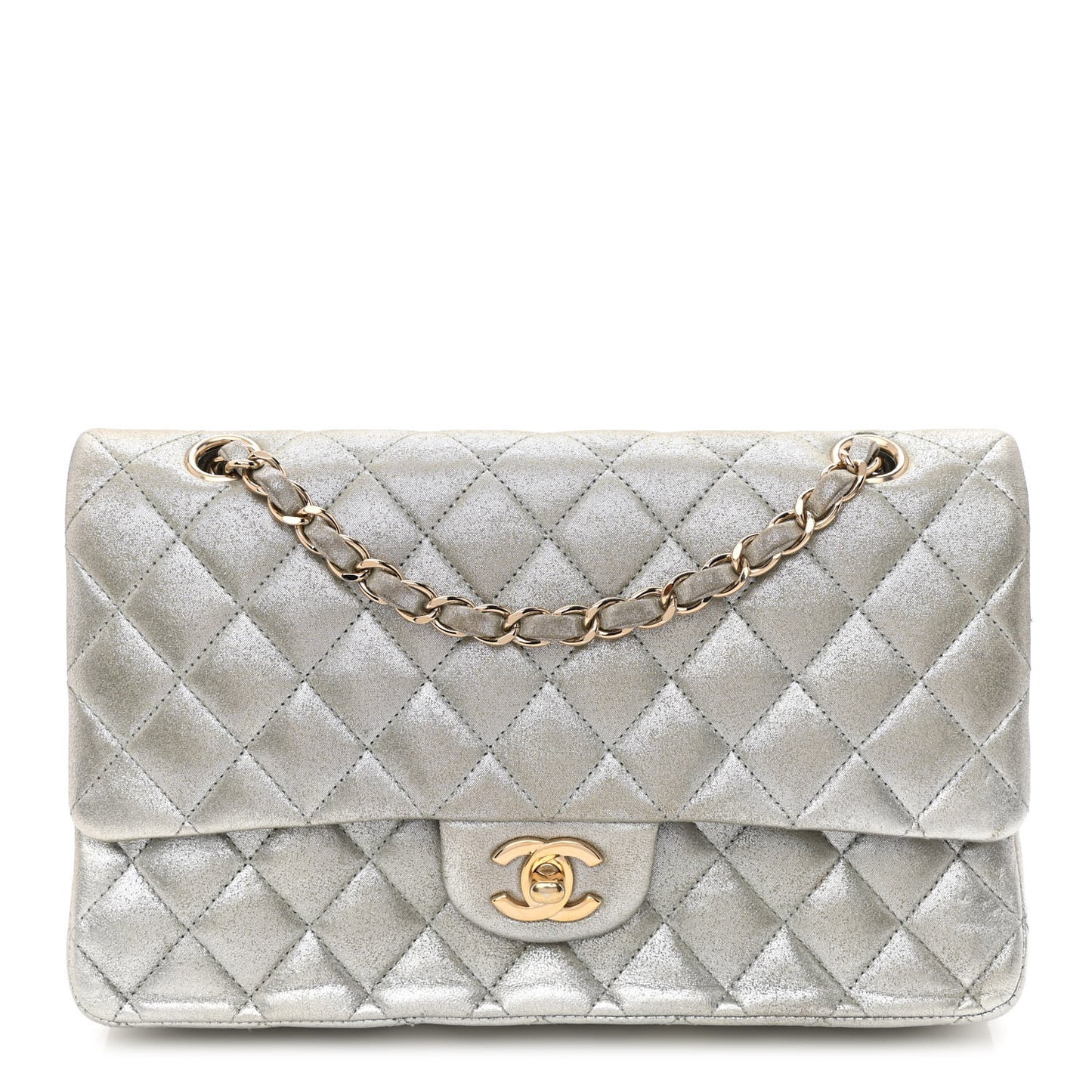Iridescent Calfskin Medium Double Flap Silver