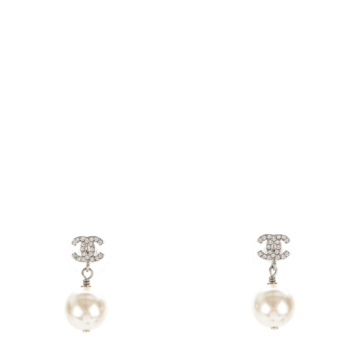Crystal Pearl CC Drop Earrings Silver