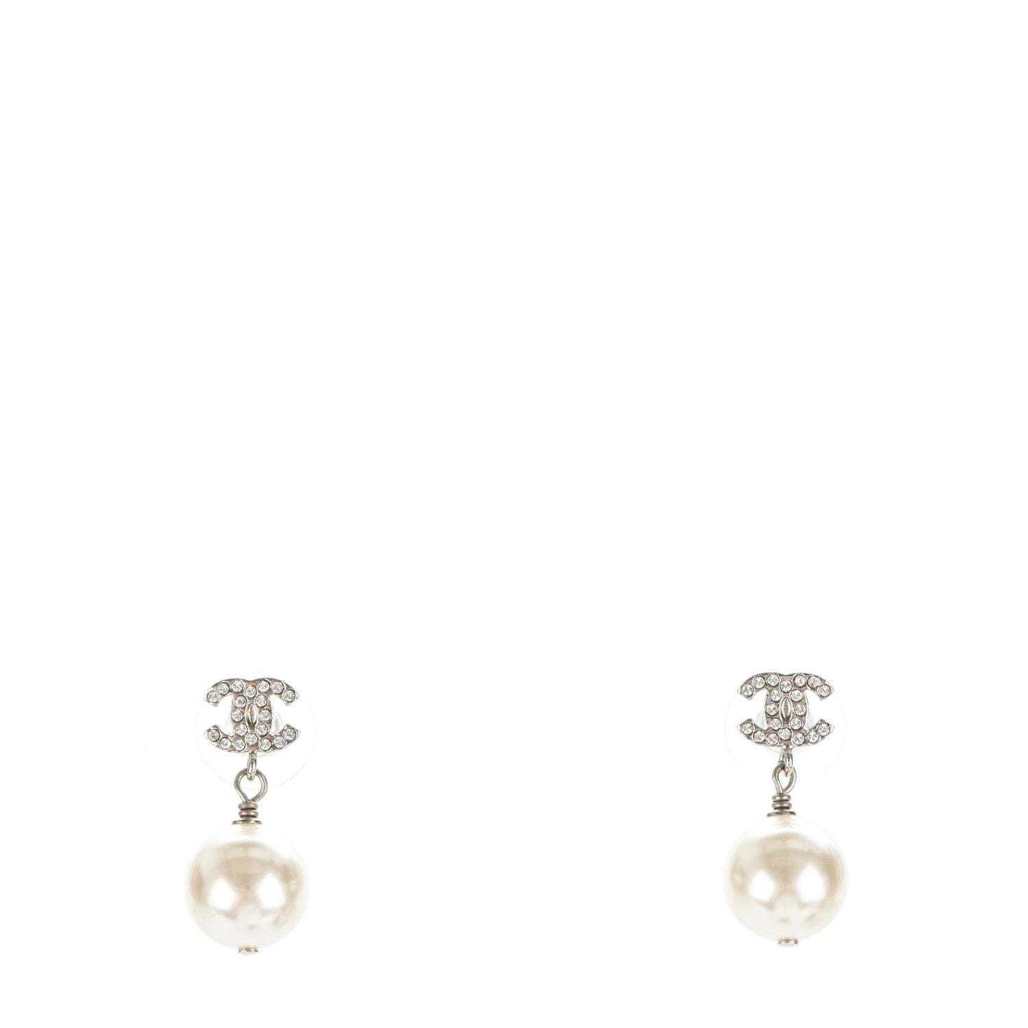 Chanel Crystal Pearl CC Drop Earrings Silver 1 of 4