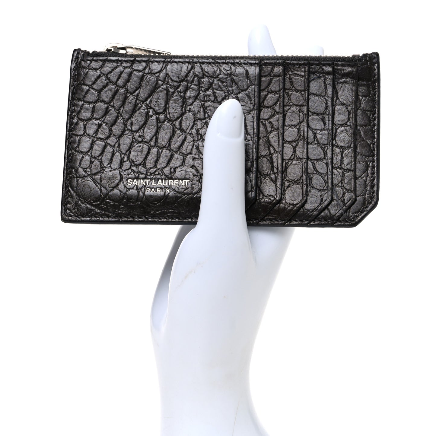 Calfskin Crocodile Embossed 5 Fragments Zip Pouch Card Holder Coal