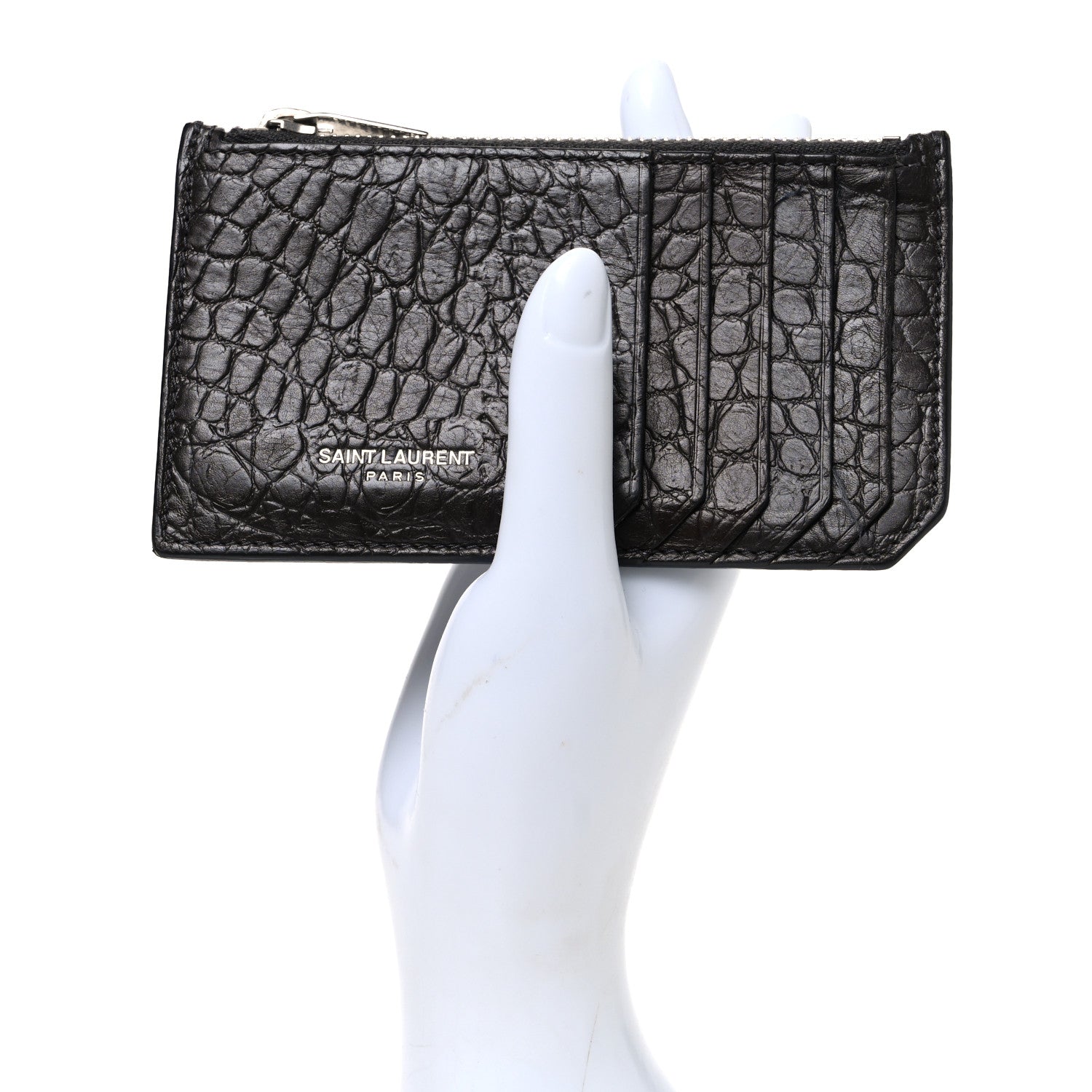 Saint Laurent Calfskin Crocodile Embossed 5 Fragments Zip Pouch Card Holder Coal 2 of 9