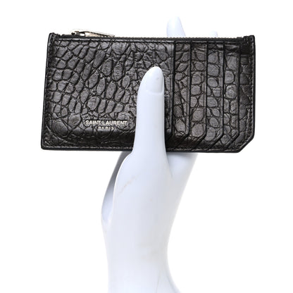 Saint Laurent Calfskin Crocodile Embossed 5 Fragments Zip Pouch Card Holder Coal 2 of 9