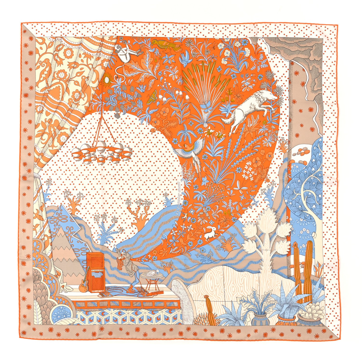 Hermes Silk Le Premier Chant Scarf 90 Orange White Bleu 1 of 3