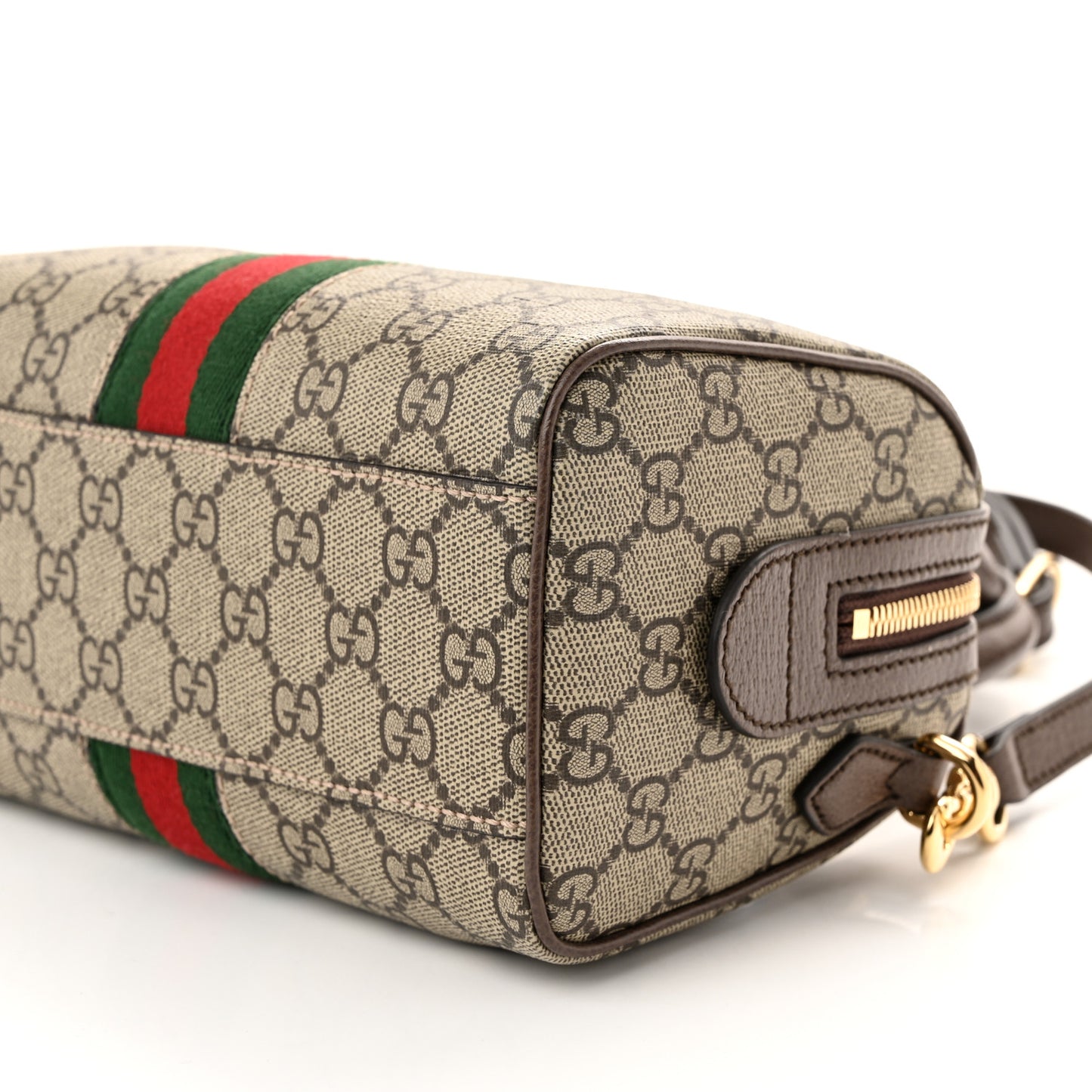 GG Supreme Monogram Textured Dollar Calfskin Web Mini Ophidia Top Handle Bag Beige Ebony New Acero