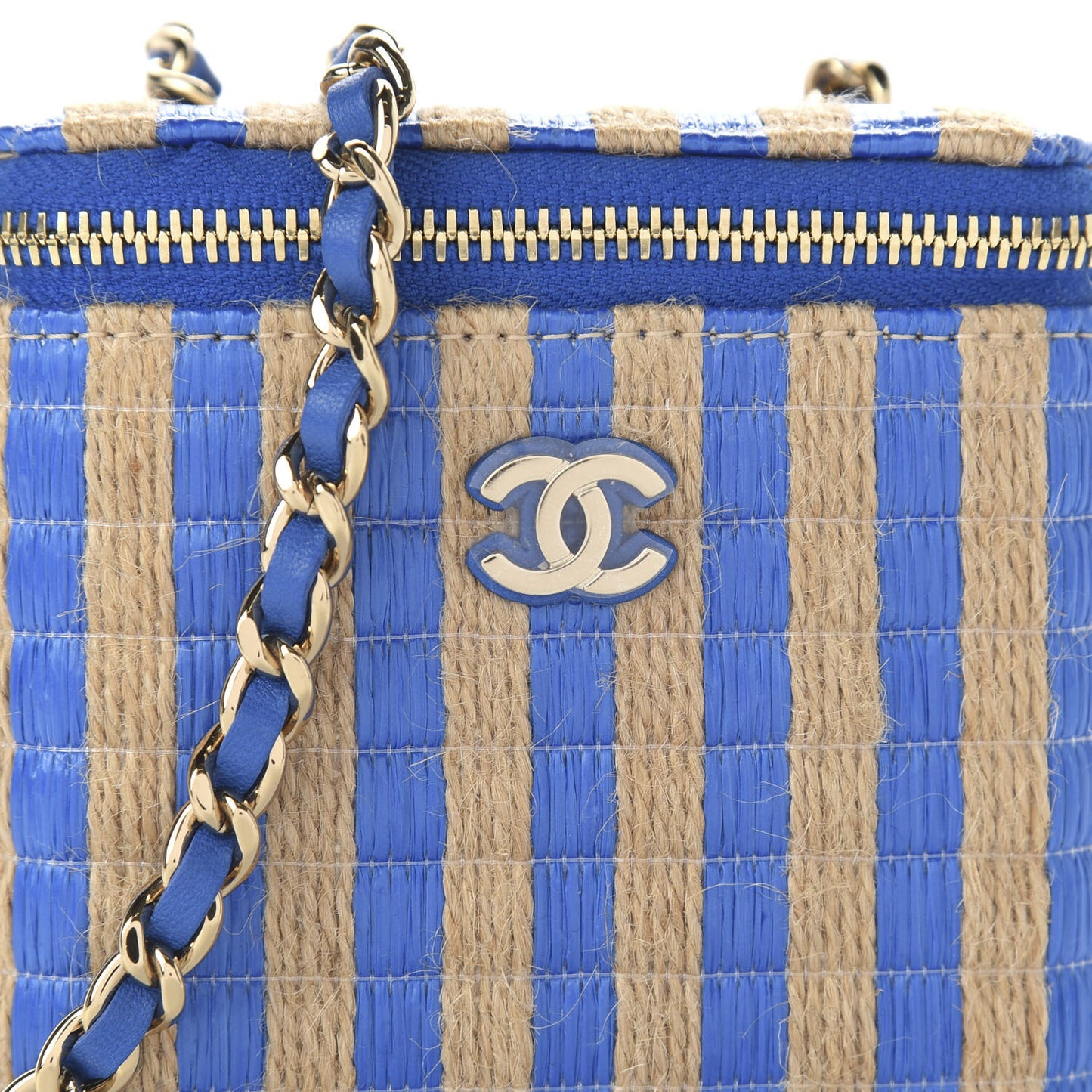 Raffia Jute Striped Mini Vanity Case With Chain Blue Beige