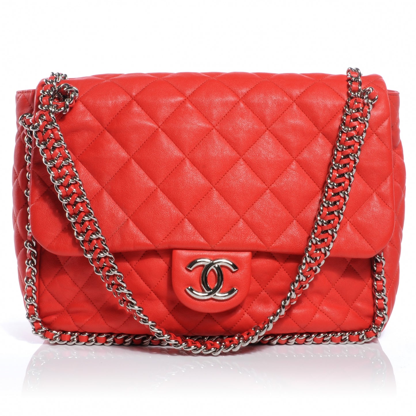 Washed Lambskin Chain Around Maxi Flap Bag Red