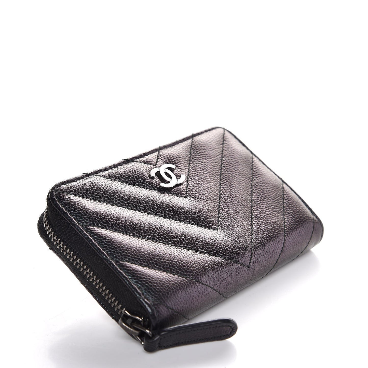 Iridescent Caviar Chevron Quilted Zip Around Coin Purse Black