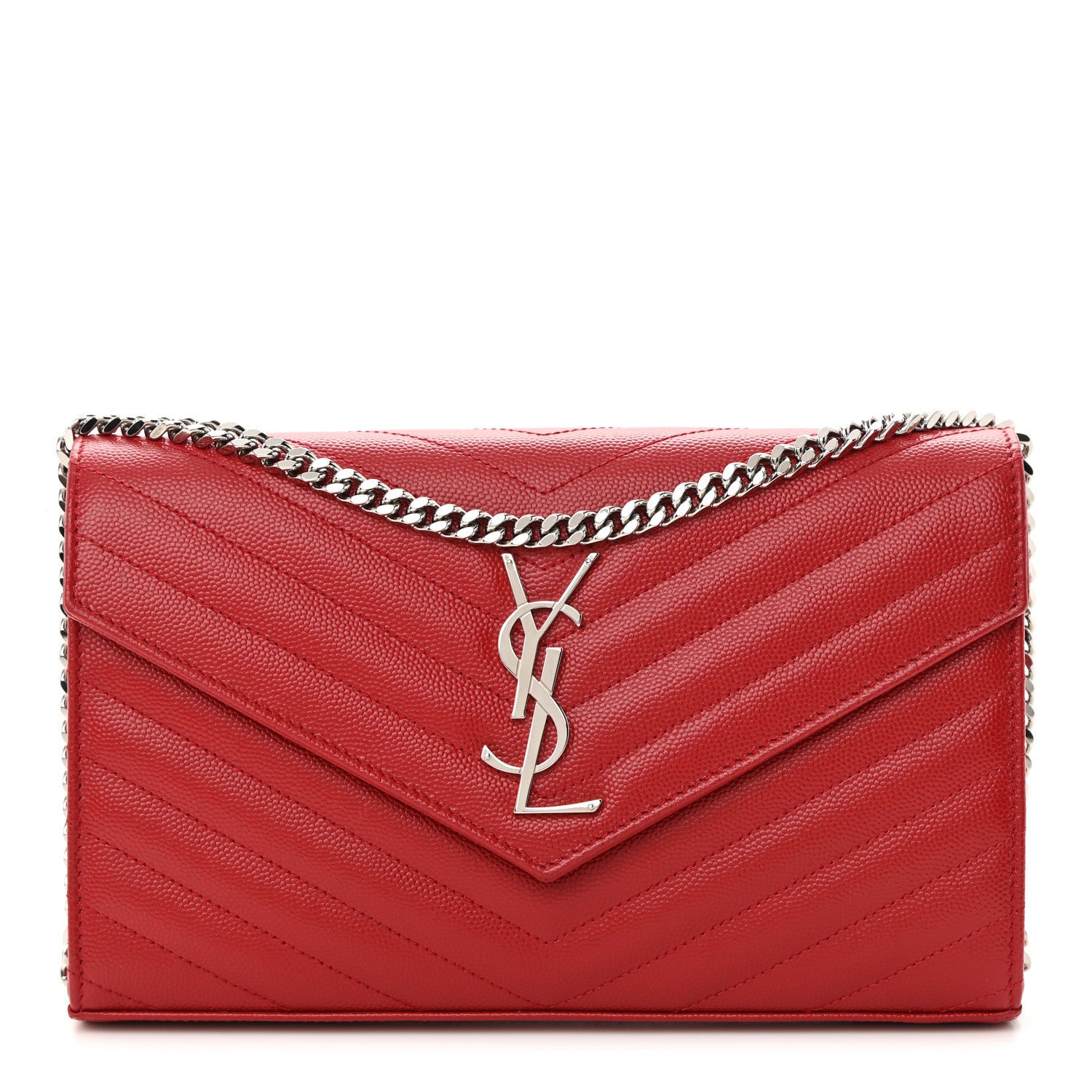 Saint Laurent Grain De Poudre Matelasse Chevron Monogram Chain Wallet Red 1 of 13