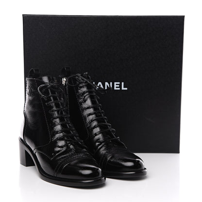 Chanel Shiny Lambskin Lace Up Combat Short Boots 38.5 Black 7 of 7