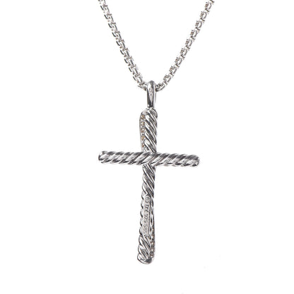 David Yurman Sterling Silver 14K White Gold Diamond 35mm Crossover Cross Necklace 6 of 7