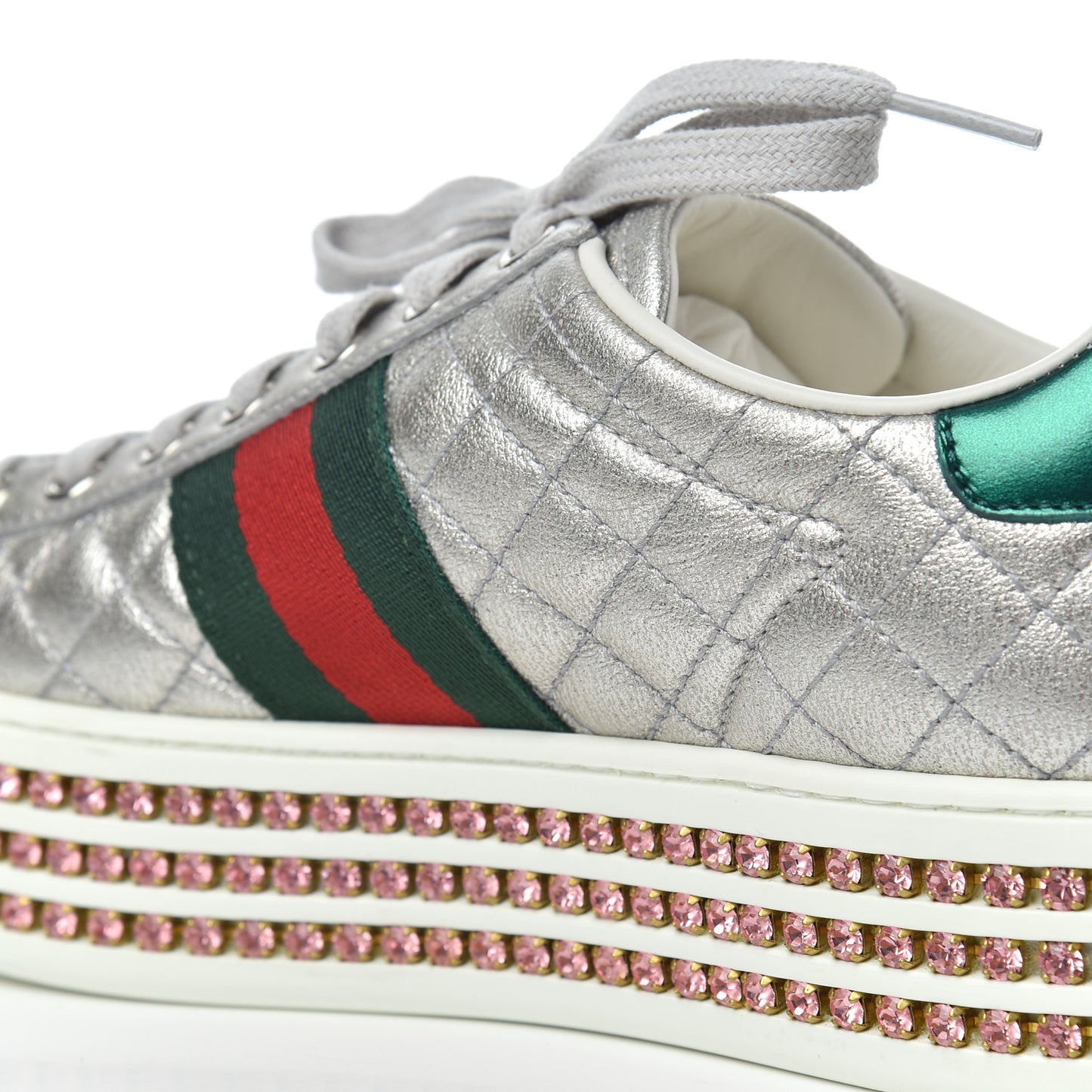 Laminated Nappa Crystal Web Bee Embroidered Trapuntata Womens Ace Platform Sneakers 36.5 Argento