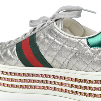 Gucci Laminated Nappa Crystal Web Bee Embroidered Trapuntata Womens Ace Platform Sneakers 36.5 Argento 14 of 21