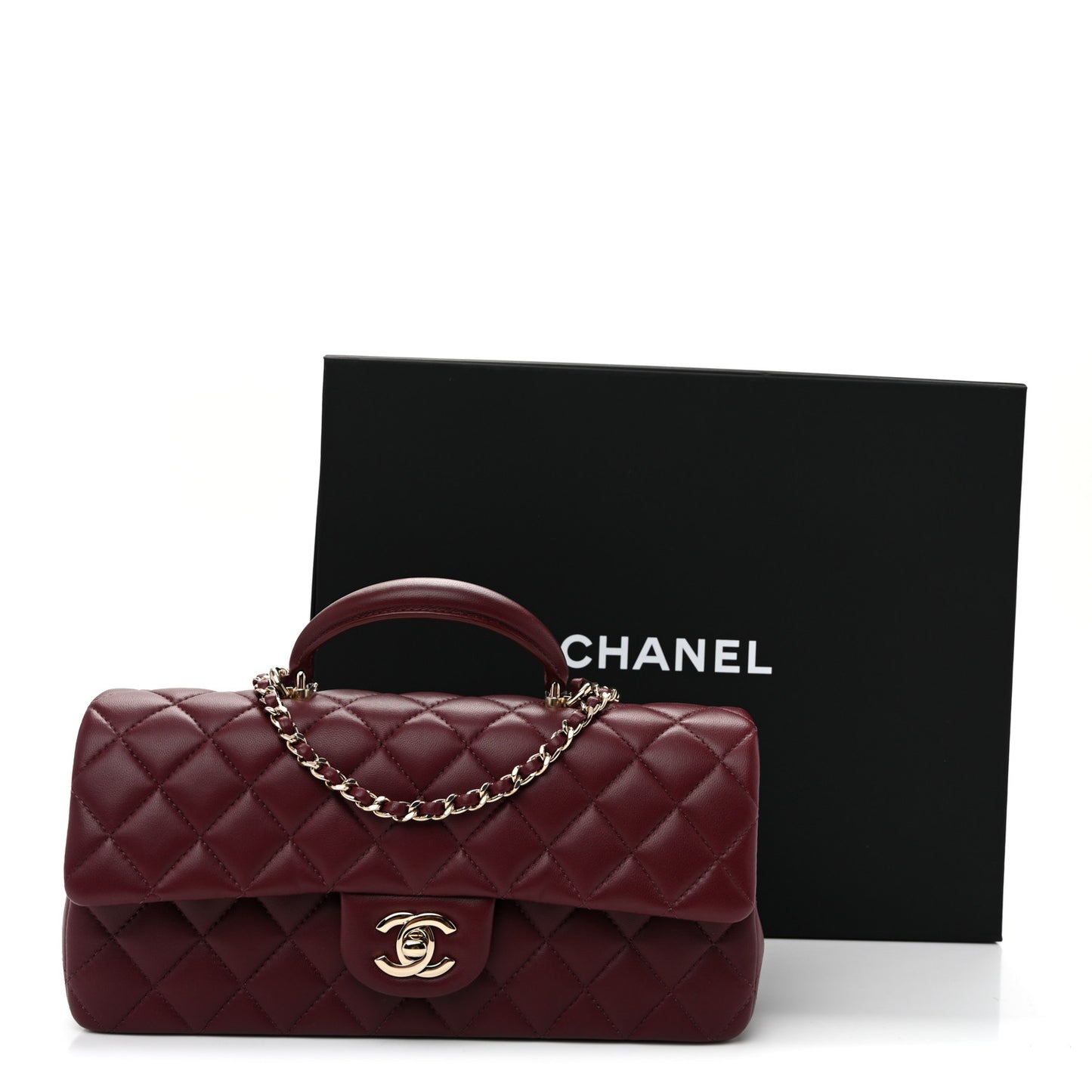 Lambskin Quilted Top Handle East West Flap Dark Burgundy